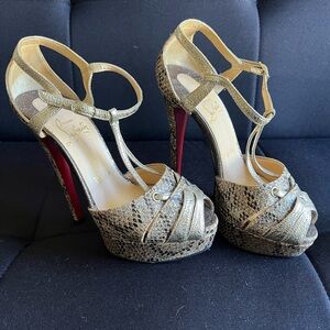 Christian Louboutin Metallic Gold Snakeskin T-Strap Platform Heels